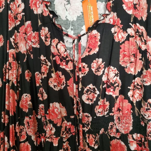 American Rag Floral V-Neck Tie Blouse - Black and Red - Picture 3 of 8